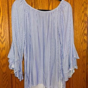 CUPIO top M shirt blouse Blue White stripes 3/4 ruffle sleeve NWT Excellent